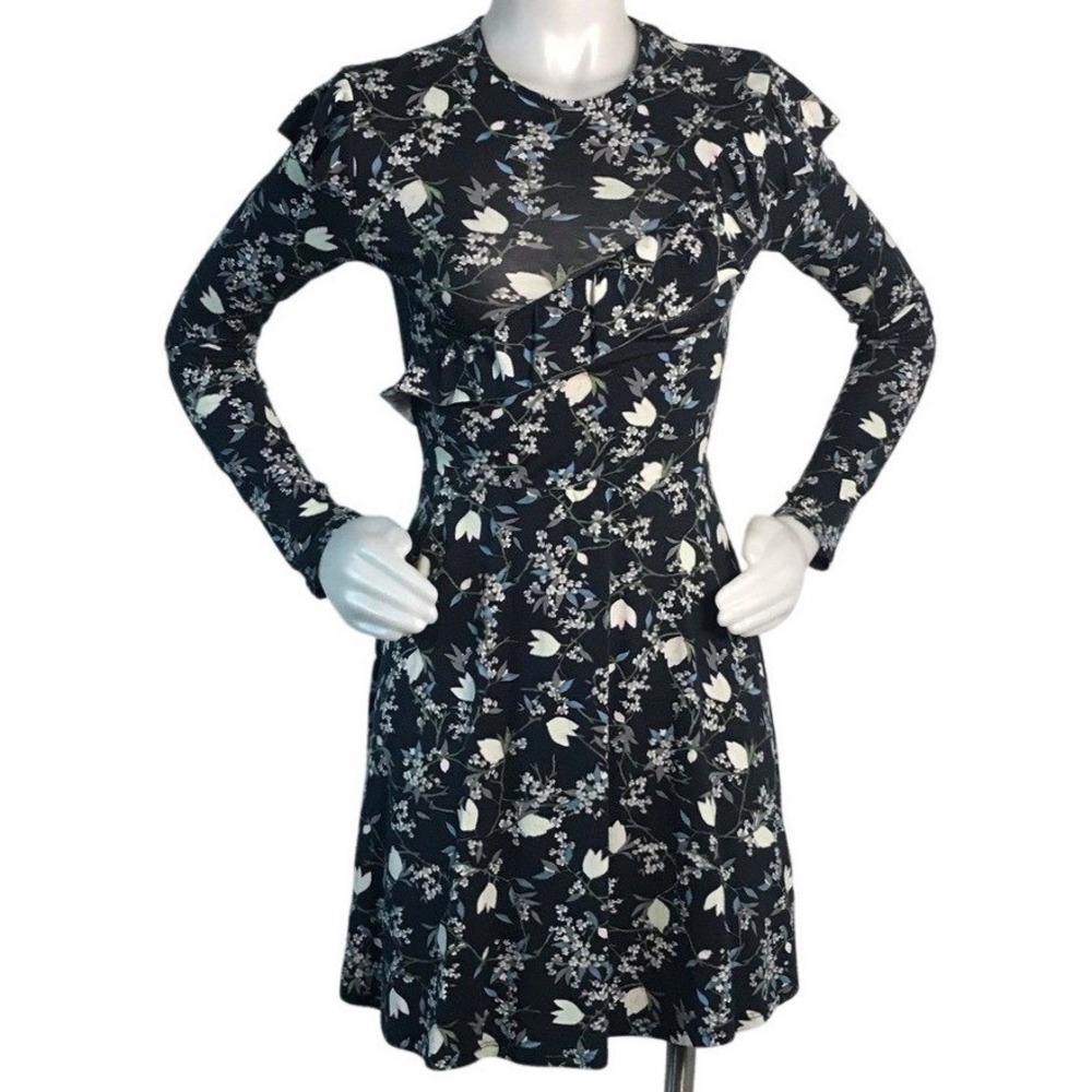 TOPSHOP NAVY BLUE‎ FLORAL LONG SLEEVE RUFFLE DRESS